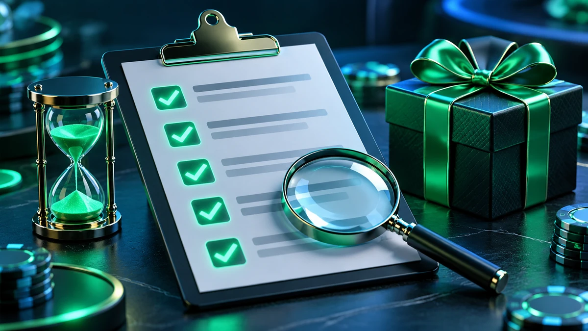Checkliste der Royalsea Bonusbedingungen mit Sanduhr und Geschenkbox